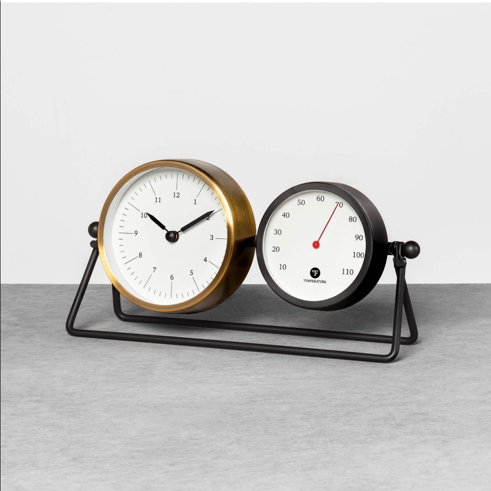 Hearth & Hand Blk/Brass Tabletop Clock/Thermometer